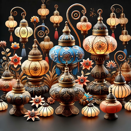 Lanterns with floral ornament on black background. 3d illustrationの素材