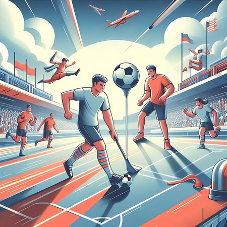 Soccer players in action on the stadium. Vector cartoon illustration.の素材