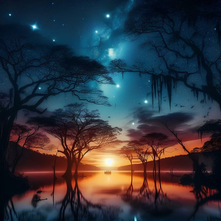 Silhouettes of trees in the lake at night with stars.の素材