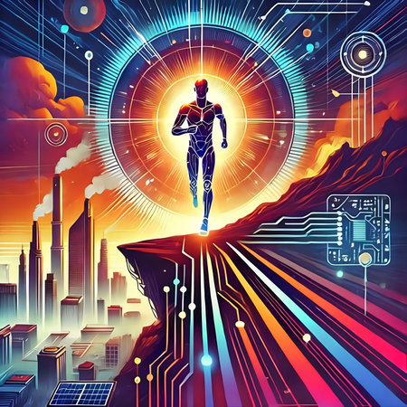 Artificial intelligence robot on the background of the city. Artificial intelligence concept. Vector illustration.の素材