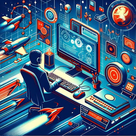 3d isometric vector illustration. Man working on a computer.の素材