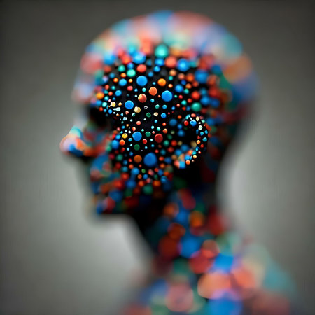 3d illustration of an abstract human head with colorful spots on itの素材