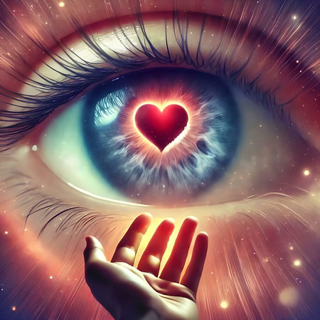 Human eye with red heart in it and woman's hand. 3D renderingの素材