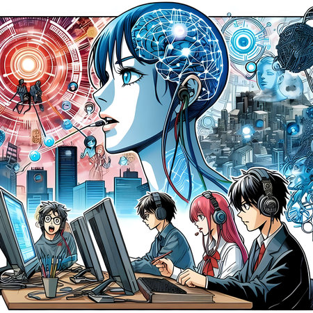 Vector illustration of people working on computers in the city. Technology concept.の素材
