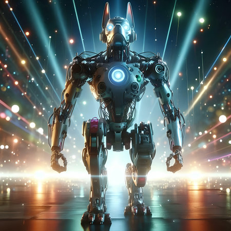3d rendering of a robot standing in front of the stage lightsの素材