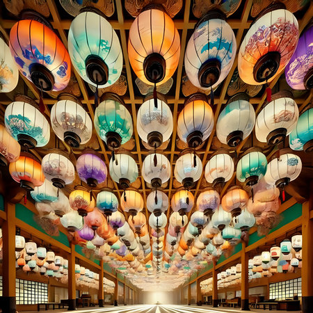 Colorful lanterns hanging from ceiling of a Japanese temple in Tokyoの素材
