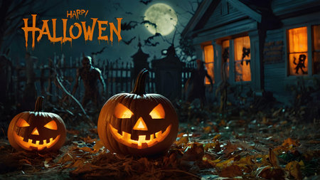 Halloween background with pumpkins and cemetery. 3d rendering.の素材