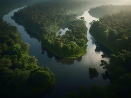 Aerial view of beautiful green forest and river in the morning.の素材