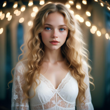 Portrait of a beautiful young blonde woman with curly hair in white lingerie.の素材