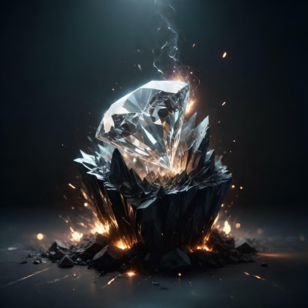 Broken diamond on a dark background with sparks. 3d renderingの素材