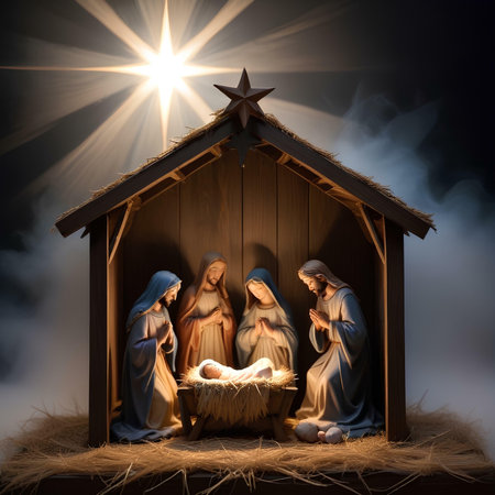Nativity scene with Jesus and Joseph. Christmas card.の素材