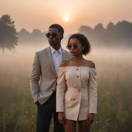 Stylish african american man and woman in sunglasses looking at camera while standing in field at sunsetの素材