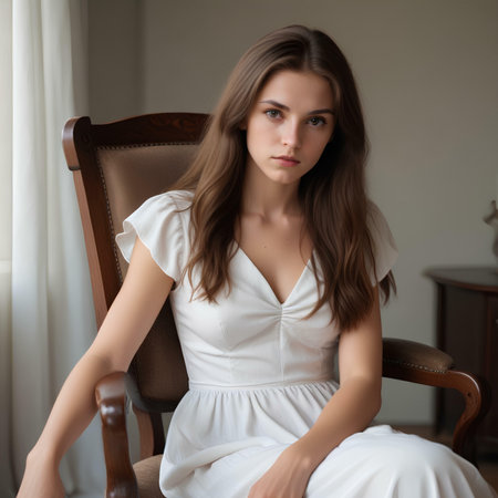 Portrait of a beautiful girl in a white dress sitting in a chairの素材