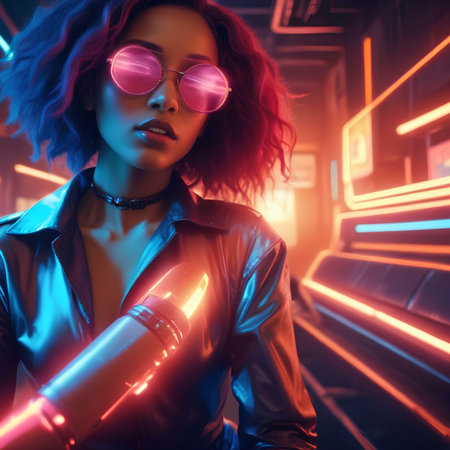 Fashionable african american girl in neon lights. Portrait of a beautiful young woman in neon lights.の素材