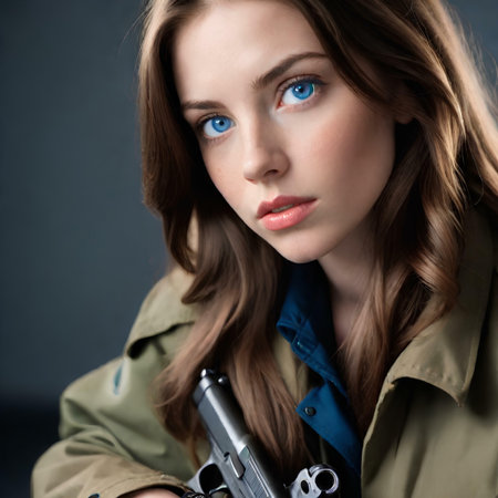 Portrait of a beautiful woman with a gun on a dark backgroundの素材