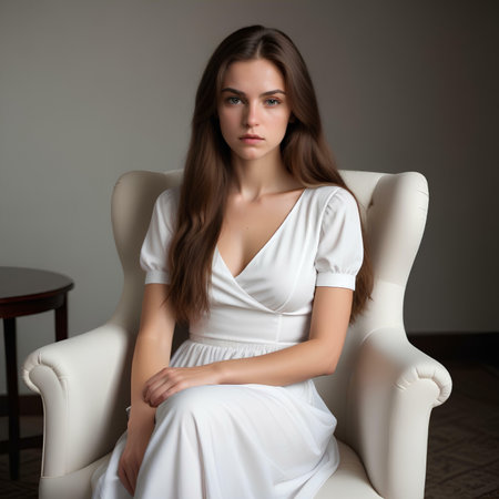 Portrait of a beautiful girl in a white dress sitting in a chairの素材