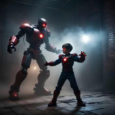 Two robots fighting in a dark room with red light and smoke.の素材