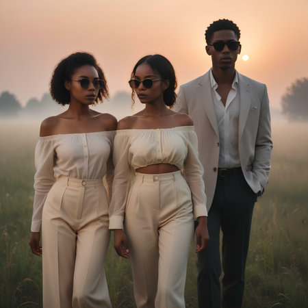 Stylish african american man in sunglasses and stylish woman in white clothes standing in field at sunsetの素材