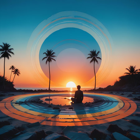 Silhouette of a man sitting on the edge of a pool at sunriseの素材