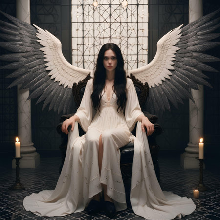 Beautiful young woman with angel wings sitting in an armchair.の素材