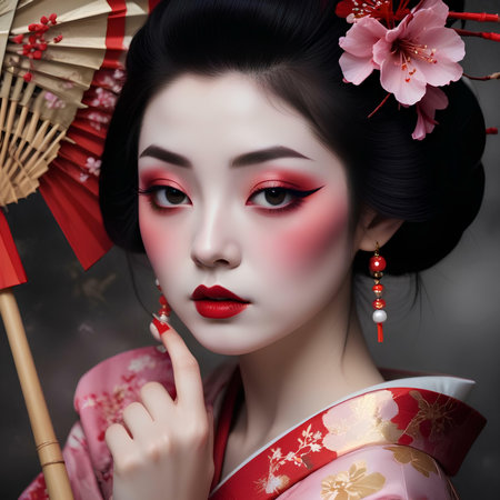 Beautiful asian woman with red lips and sakura flower.の素材
