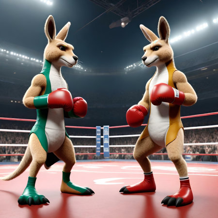 Kangaroos fighting with boxing gloves in the ring. 3D renderingの素材