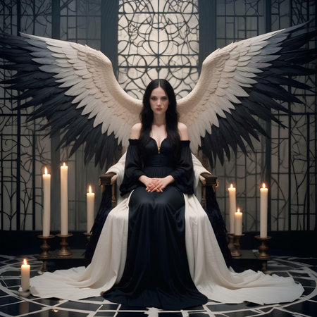 Beautiful young woman in a black dress with angel wings sitting in a dark room with candlesの素材