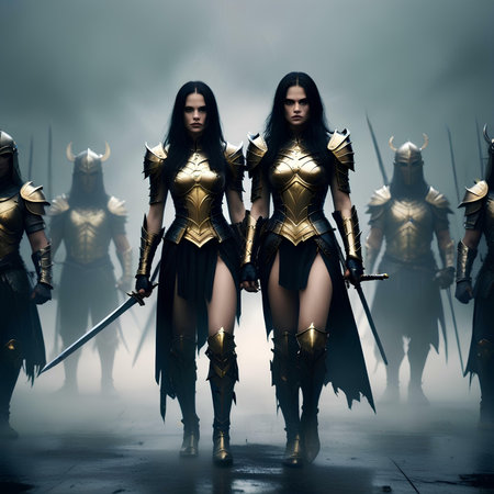 Warrior amazon women with swords and armor.3d renderingの素材