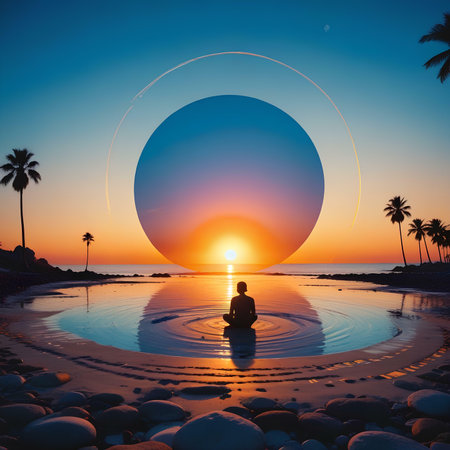 Silhouette of a man meditating in yoga lotus position on the beach during sunsetの素材