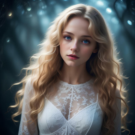 Portrait of a beautiful young woman with long wavy hair.の素材