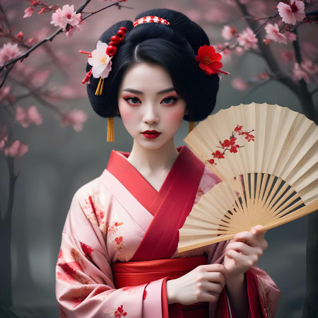 Beautiful asian woman in traditional japanese kimono with fanの素材