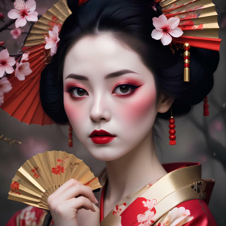 Beautiful Asian woman with red lips and sakura flowers.の素材