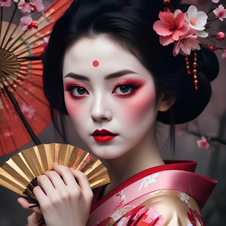 Beautiful asian geisha with red lips and sakura flowersの素材
