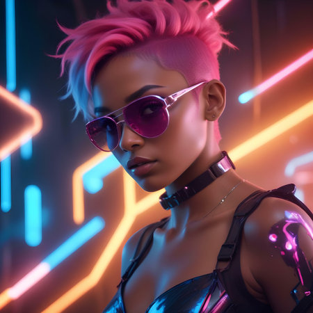 Fashionable young woman with pink hair posing in neon lights.の素材