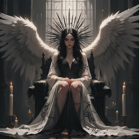 Beautiful girl with angel wings sitting on a chair in a dark roomの素材
