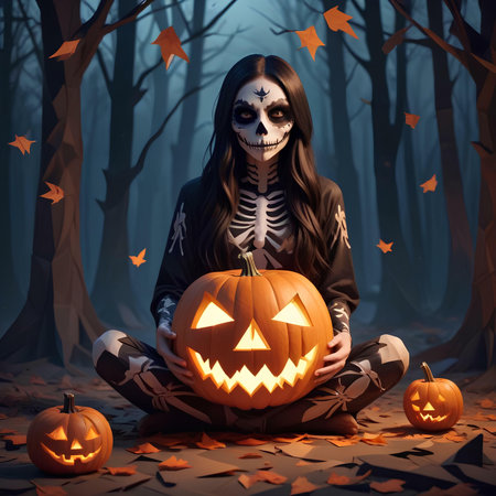 Young woman with skull makeup sitting on pumpkin in autumn forest. Halloween.の素材