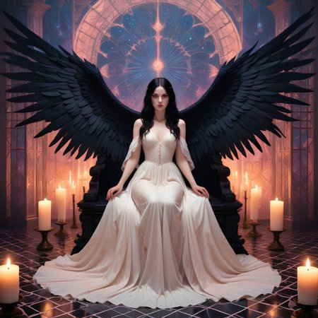 Beautiful young woman in a long white dress with black wings sitting on the floor in a dark room with candlesの素材