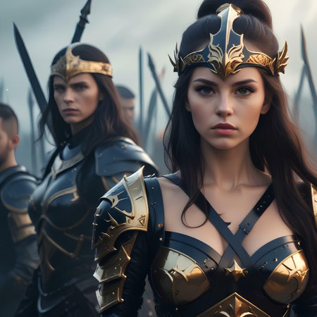 Portrait of a beautiful young woman in knightly armor and helmet on the background of other warriorsの素材