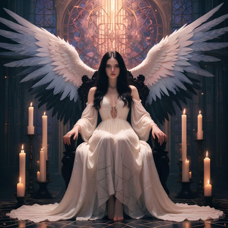 Beautiful woman in white dress with angel wings sitting in a dark room with candlesの素材