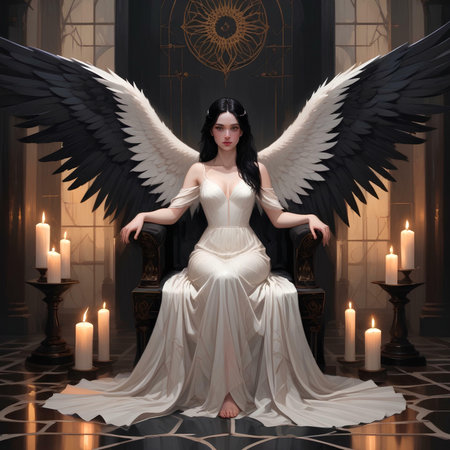 Beautiful young woman with angel wings sitting on a chair in the room.の素材