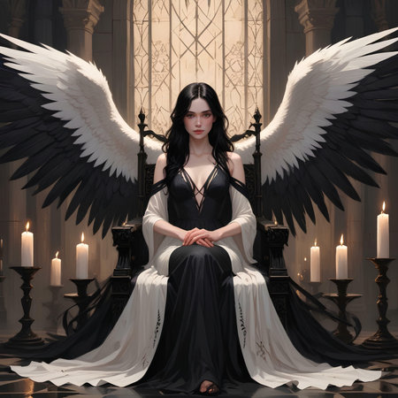 Beautiful woman in a black dress and angel wings sitting on the floorの素材