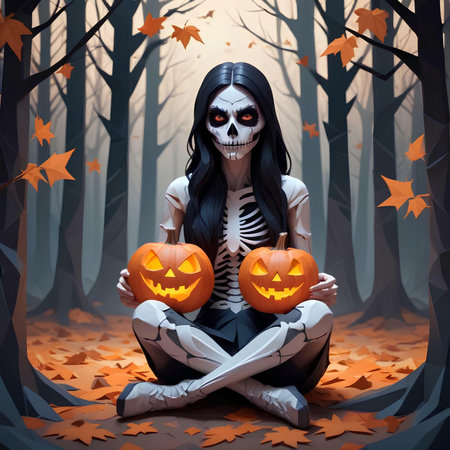 Skeleton woman with pumpkins in the forest. Halloween concept.の素材