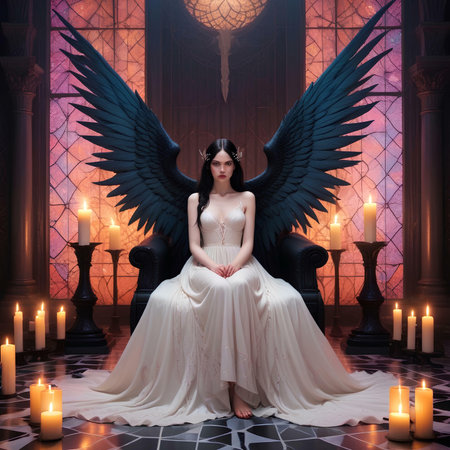 beautiful woman with angel wings sitting on an armchair in a dark roomの素材
