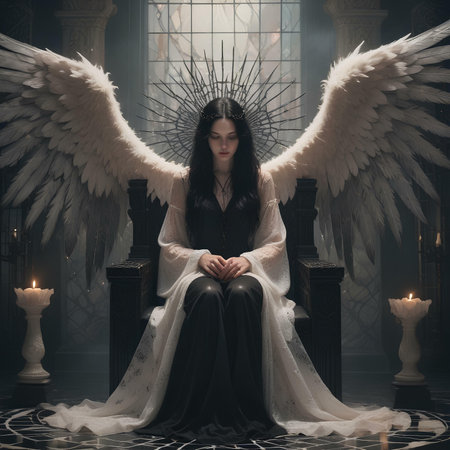 Young woman with angel wings sitting in a chair in a dark roomの素材