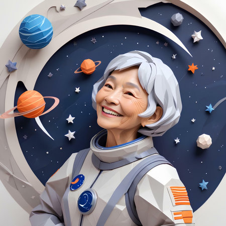 Senior woman cosmonaut with solar system and planets in the backgroundの素材