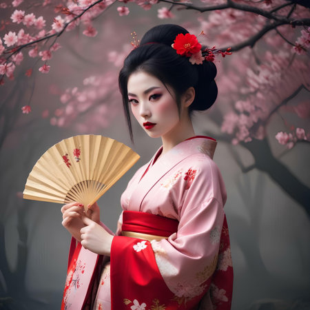 Beautiful asian woman in kimono with cherry blossomの素材