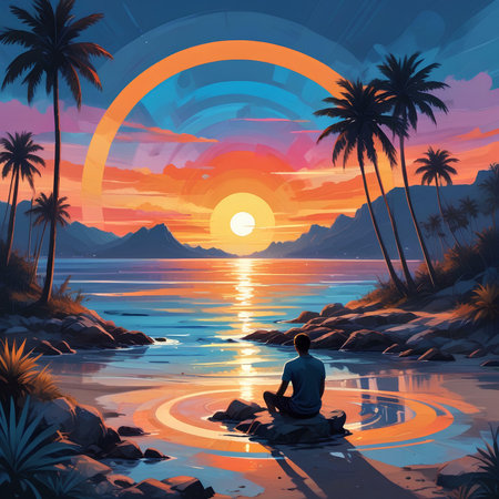 Man meditating on the beach at sunset. Vector Illustration.の素材