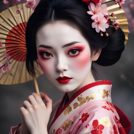Asian geisha in kimono with cherry blossom and umbrellaの素材