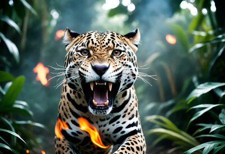 Portrait of a wild leopard with fire in the zoo.の素材
