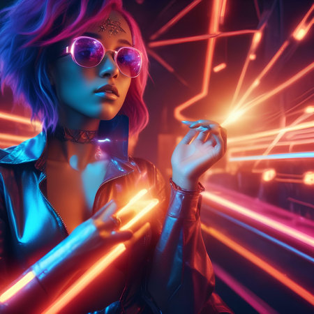 Futuristic cyberpunk woman with pink hair. 3d renderingの素材